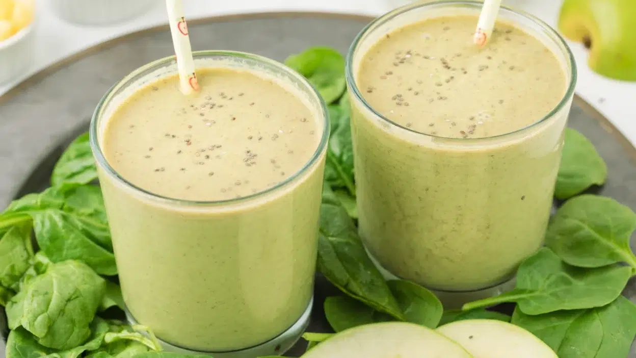 Protein smoothie with banana, spinach, and almond milk.