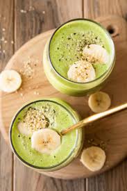 Protein smoothie with banana, spinach, and almond milk.