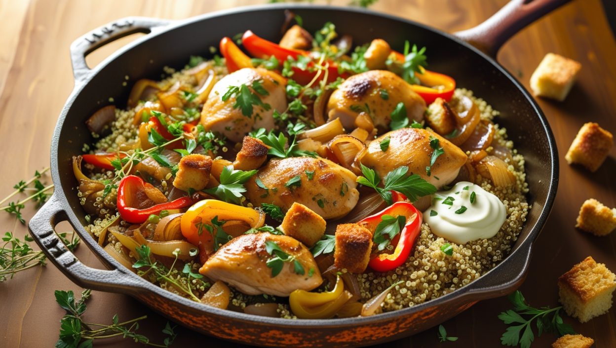 A sizzling cast iron skillet filled with a colorful one-pan meal