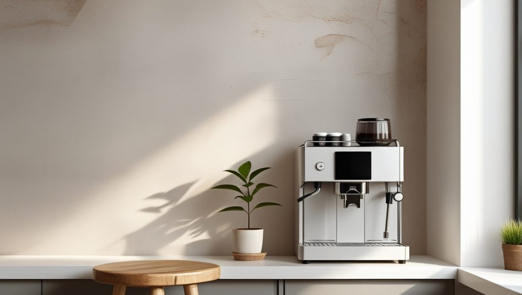 A cozy coffee aesthetic setup featuring warm lighting, coffee mugs, and a wooden table