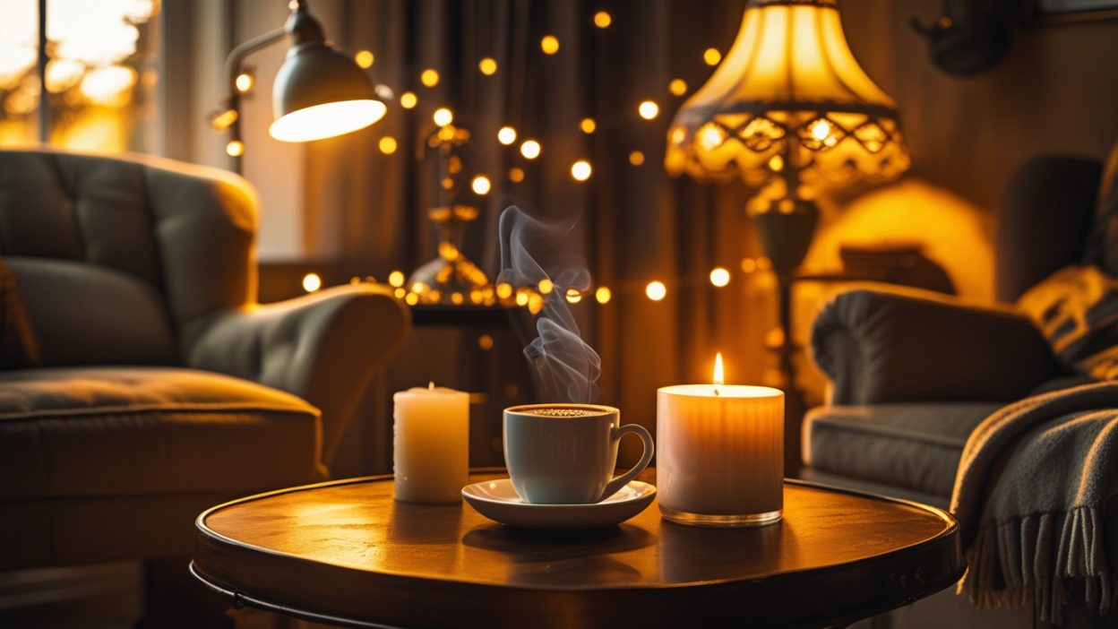 A cozy coffee aesthetic setup featuring warm lighting, coffee mugs, and a wooden table