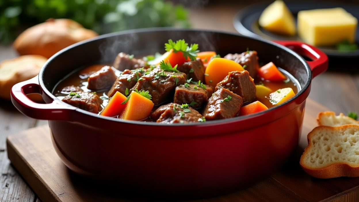 A hearty stew cooked in a Dutch oven with fresh ingredients